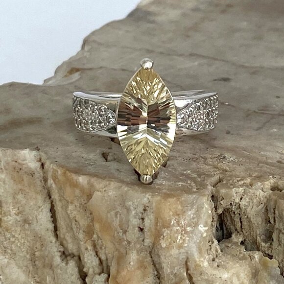Sterling Silver 925 BBJ Marquise Faceted Yellow CZ & Clear Spinel Accent Ring - Picture 13 of 16